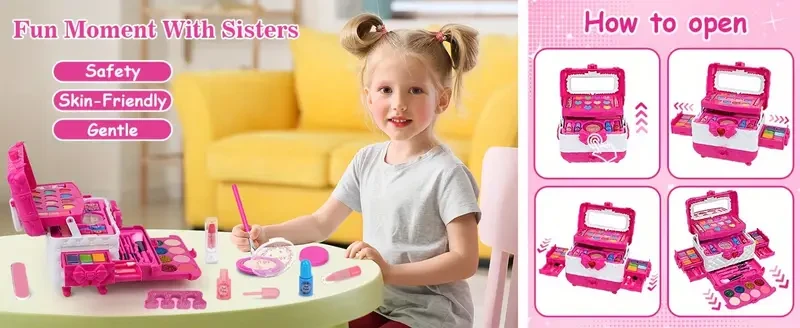 Flybeauty Kids Makeup Kit for Girls, 54pcs Washable Play Makeup Set with Plant-Based Squalane, Mixed Color System, Includes Brushes, Non-Toxic, Water Soluble Cosmetic Case for Ages 3-12, Ideal Christmas Gift