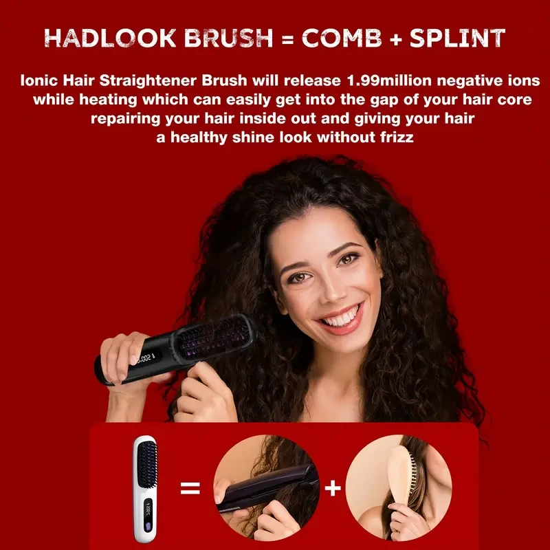 Cordless Hair Straightener Brush - Portable, Rechargeable, Fast Heating with 3 Temp Settings, Anti-Scald, 20Mins Auto-Off, Long Battery Life, and USB Charging for Travel