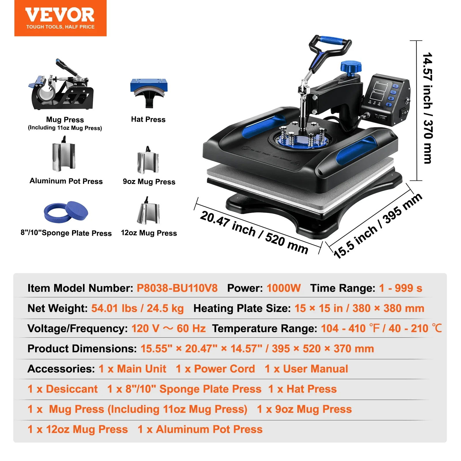 VEVOR 15x15 Inch 8-in-1 Heat Press