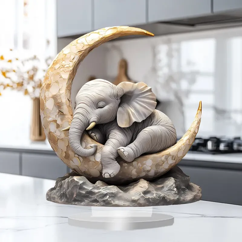 Bohemian Style Acrylic Elephant Moon Crest Statue, 20.32cm x 17.78cm