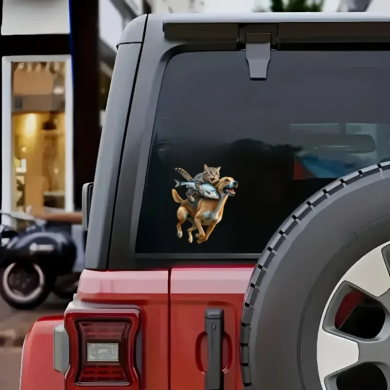 Funny Cat Riding Dog High-Quality Vinyl Decal, Self-Adhesive Waterproof