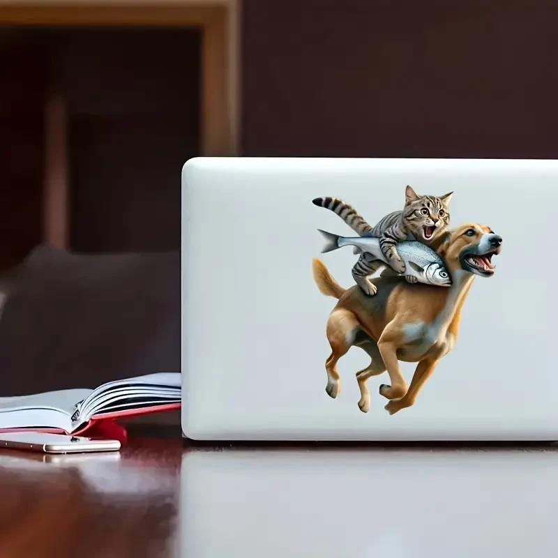 Funny Cat Riding Dog High-Quality Vinyl Decal, Self-Adhesive Waterproof