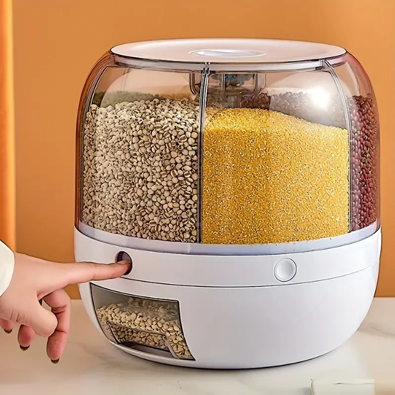 Rice Dispenser 6-Grid Rice Storage Container Rotating Rice Storage Bucket