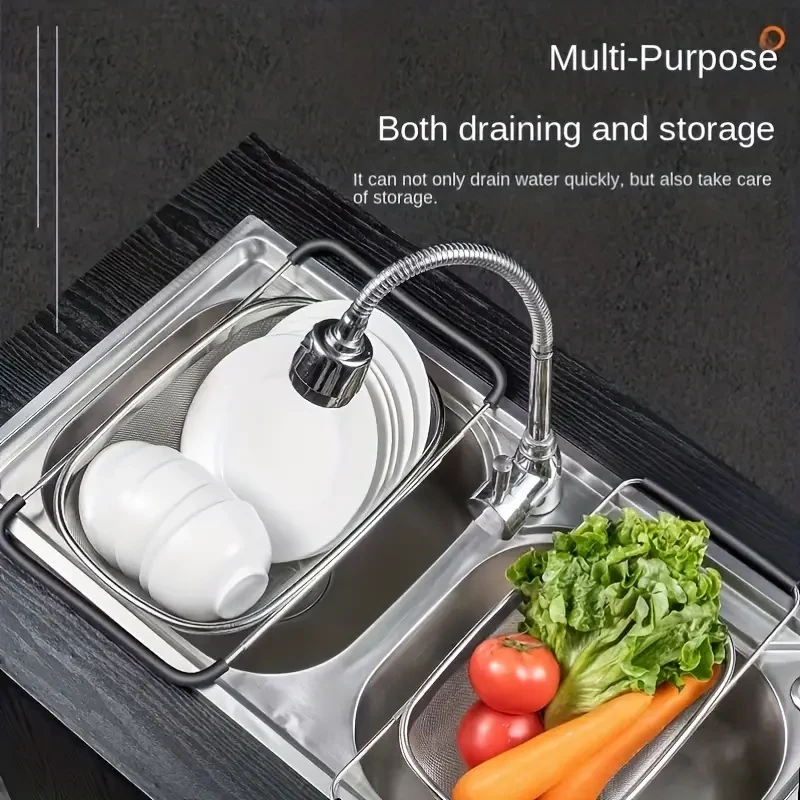 1pc, Sink Colander, Vegetable Sink Washing Basket, Fruit Drain Basket Rack, Stainless Steel Drain Basket