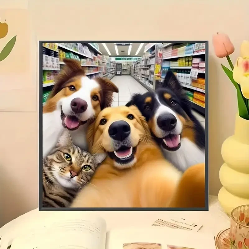 Selfie Dogs with Cat Animal Theme - Round Full Drill Diamond Art