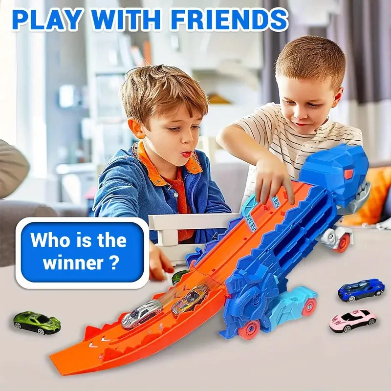 Dinosaur Transport Truck with Foldable Race Track and Toy Cars Set - Friction Powered Vehicle Playset for Kids Age 3-6, Interactive Ejection Racing Game, Durable ABS Construction