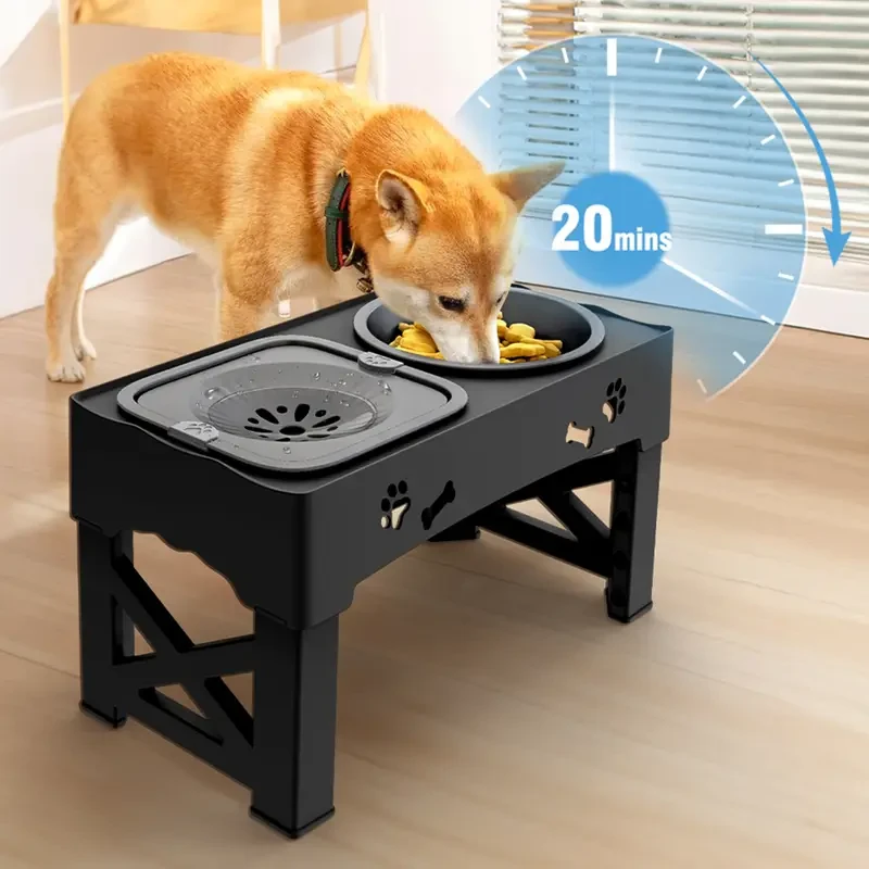 Elevated Dog Feeder Set with Slow Feed Bowl - 5 Heights Adjustable, Non-Slip Stand for Neck Protection, No Spill Water & Food Bowls for Small to Large Dogs and Cats