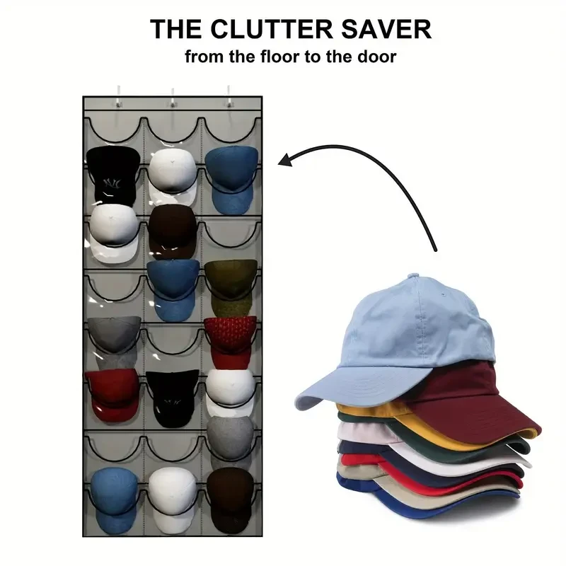 Space-Saving 24-Pocket Baseball Cap Organizer - Over-the-Door Hat Storage & Display Rack, Durable Fabric, Easy Install with Hooks