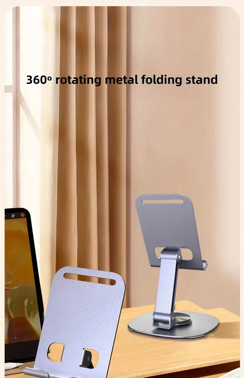 360-Degree Rotating Metal Phone Stand - Compact, Foldable & Portable Desktop Holder for All Smartphones and Tablets, Ideal Office Accessory
