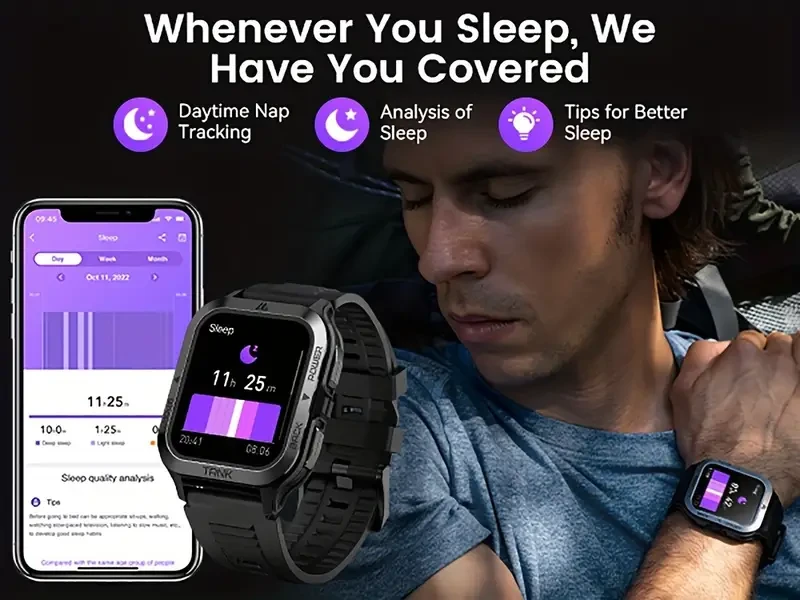 MAZTIM TANK M2 Military Smart Watch For Men 380mAh 60 Days Extra-Long Battery 5ATM IP69K Waterproof Rugged Wireless Call 1.85" Ultra Large HD Display AI Voice Assistant 24H Health Monitor 70 Sport Modes Digital Smartwatch Compatible For Android IOS