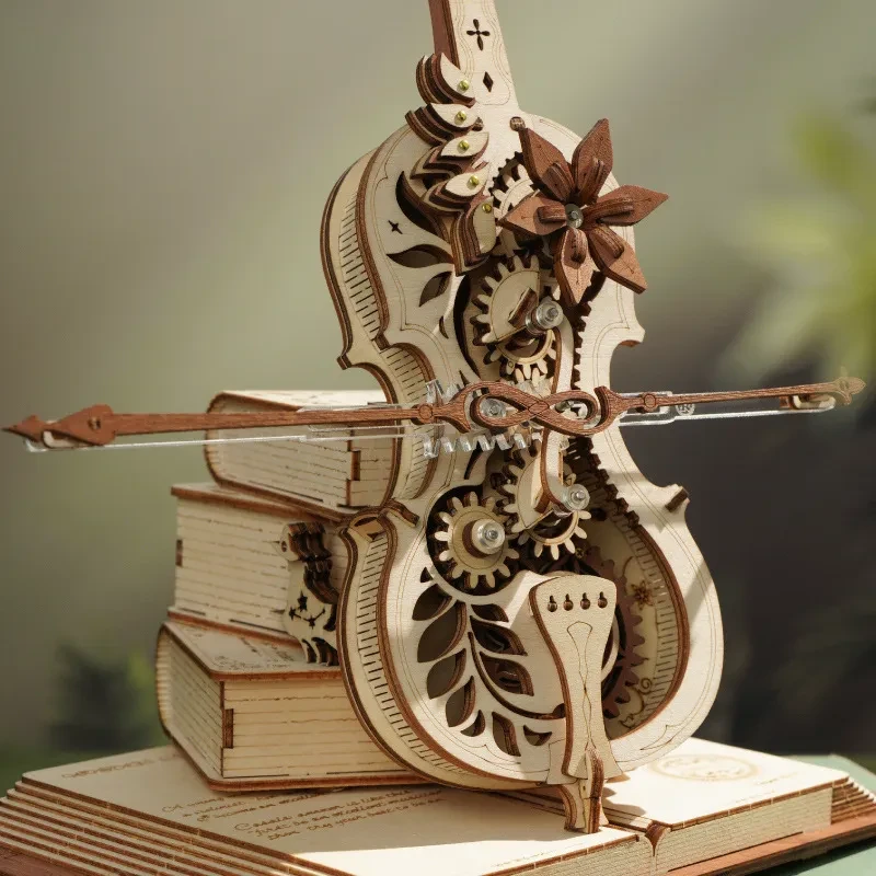 Robotime ROKR Magic Cello Mechanical Music Box Moveable Stem Funny Creative Toys For Child Girls 3D Wooden Puzzle AMK63