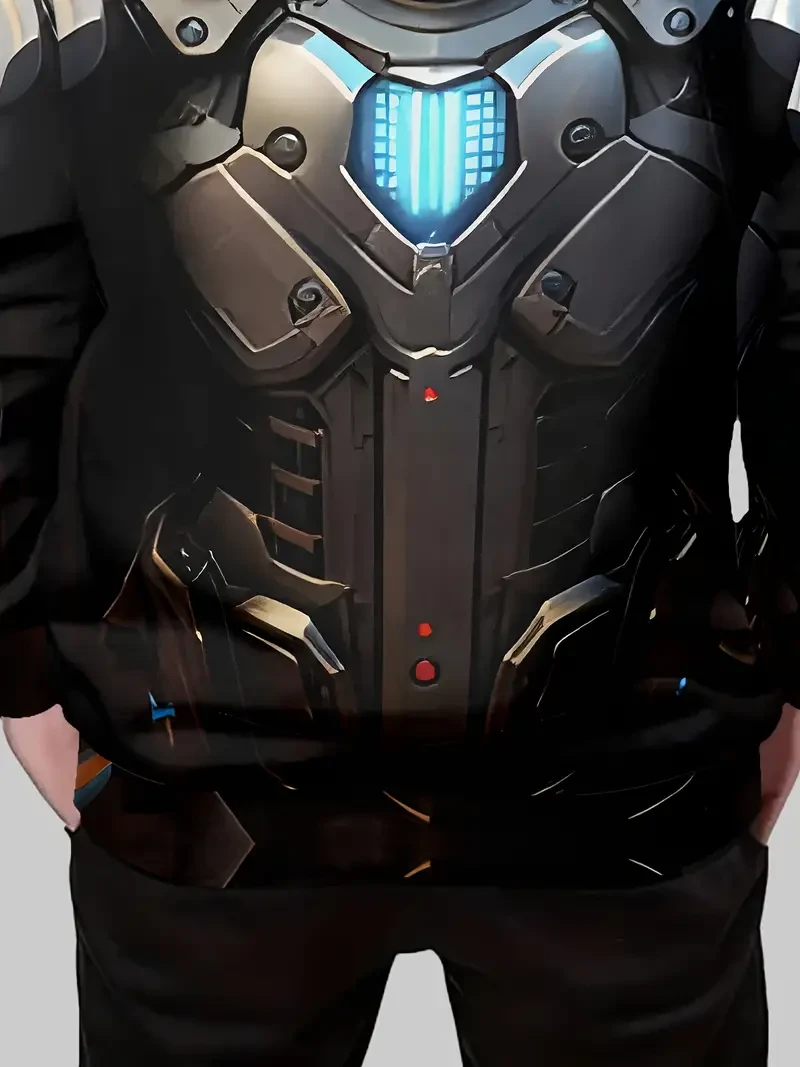 Boys' 3D Printed Mech Armor Design Hoodie - Casual Crew Neck Pullover with Long Sleeves, Polyester & Spandex Blend, Slight Stretch Fabric, Fall/Winter Comfort Fit with Front Pocket, Ideal for Outdoor Activities & Casual Wear, Ages 12 and Under