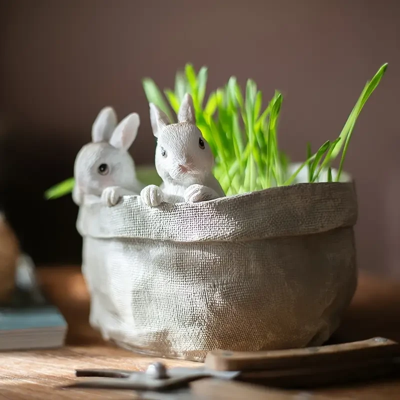 1pc Resin Rabbit Flower Pot, 3D Garden & Balcony Decor