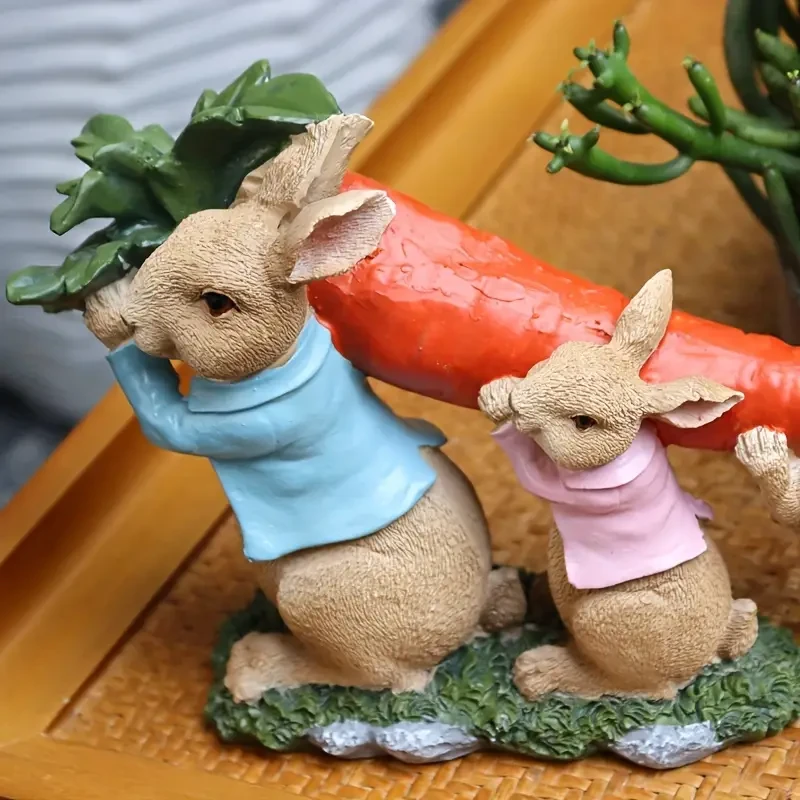 Charming Rabbit Family with Carrot - Resin Garden Statue