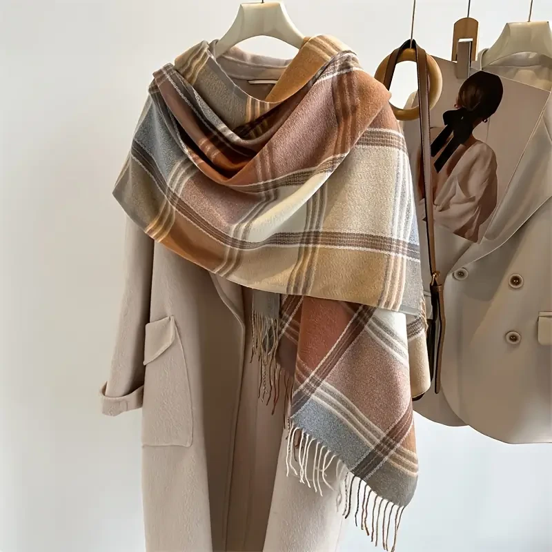 Stylish Jacquard Plaid Fringe Scarf