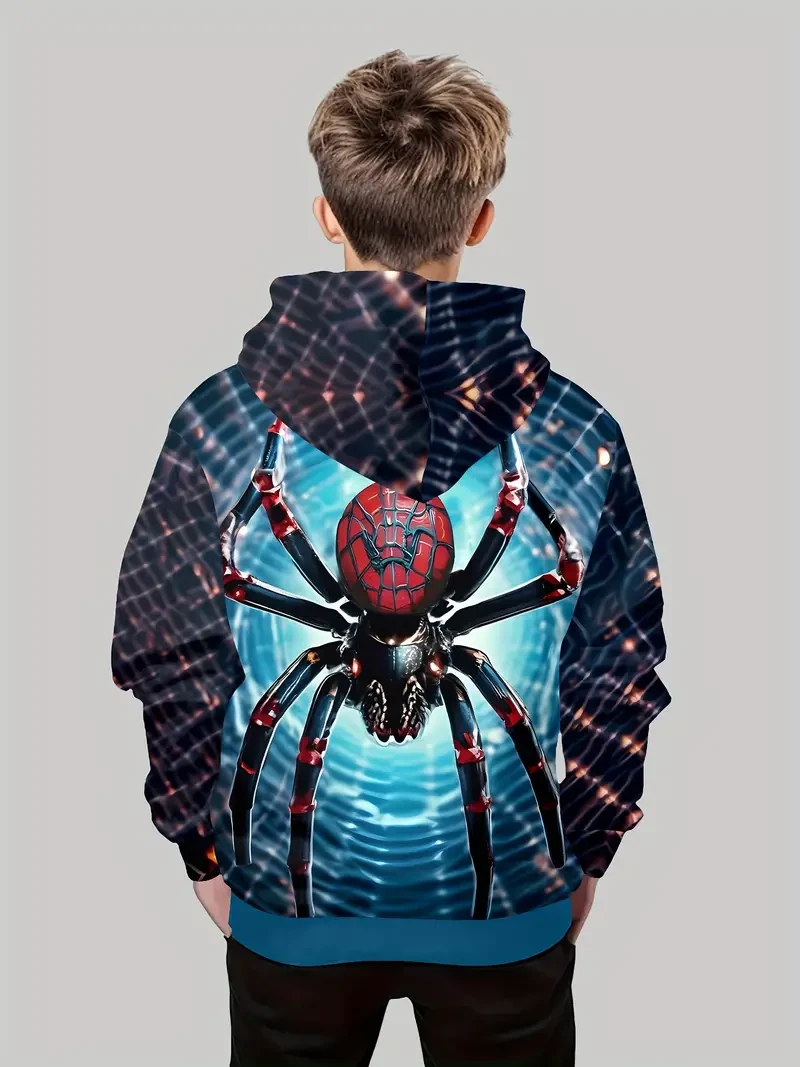 Boys' 3D Spider Print Hoodie - Casual Long Sleeve Pullover with Pockets, Perfect for Fall & Winter Outdoor Play