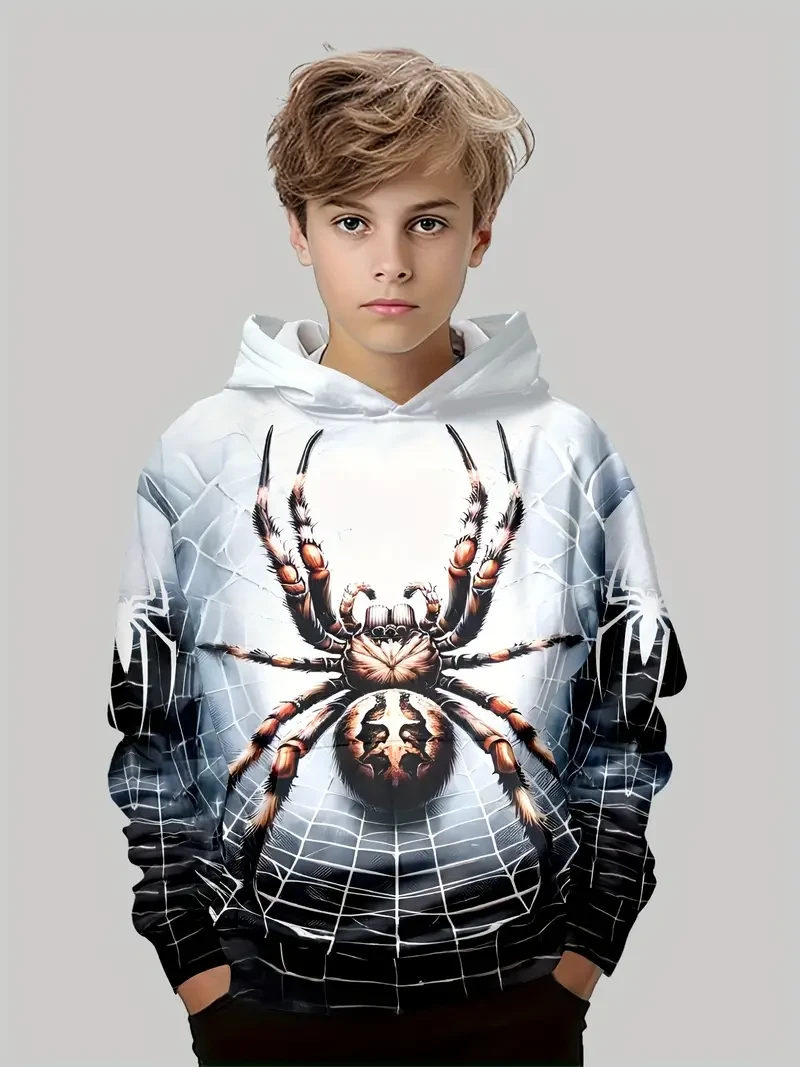Boys' Trendy 3D Animal Print Pullover Sweatshirt - Casual Long Sleeve Hoodie for Spring & Fall, Machine Washable