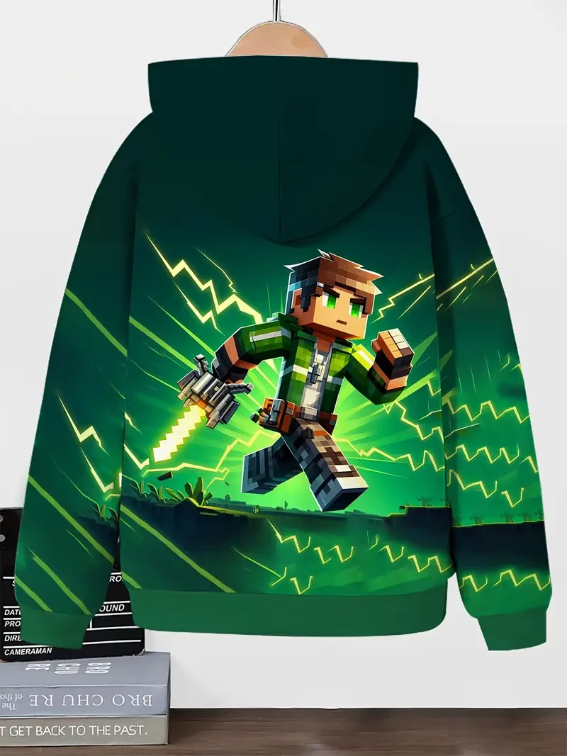Boys' Casual Hooded Sports Suit with Geometric Block Sandbox Game Character Print - Regular Fit with Pockets, Stretch Knit Fabric for Daily And Casual Wear, Autumn/Winter, Polyester