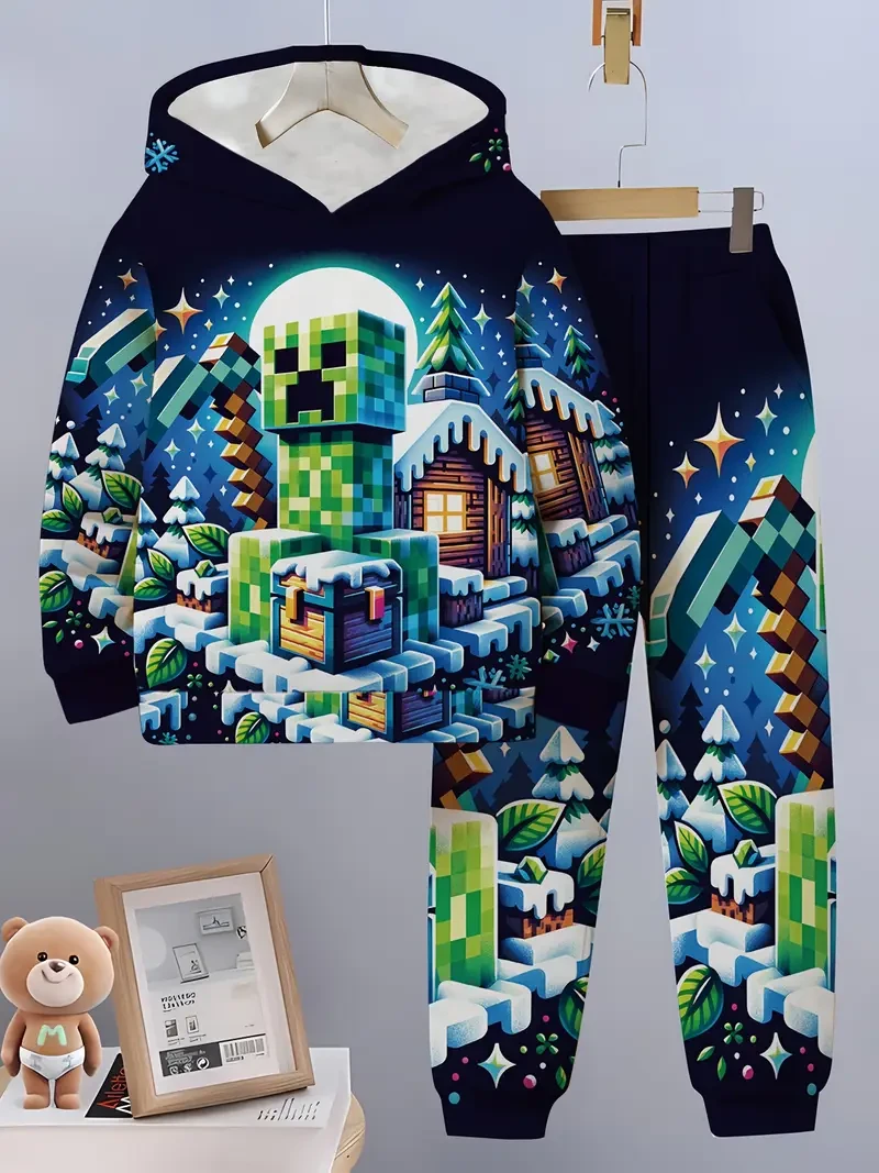 Boys' Trendy 3D Print Hoodie & Joggers Set - Cozy, Stretch Fabric for Fall/Winter | Machine Washable, Perfect for Outdoor