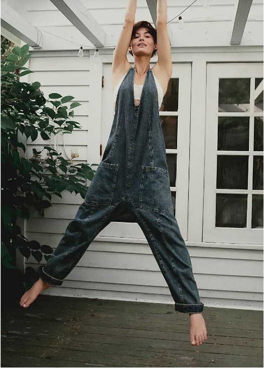 Women's Casual Suspender Trousers in Solid Colors