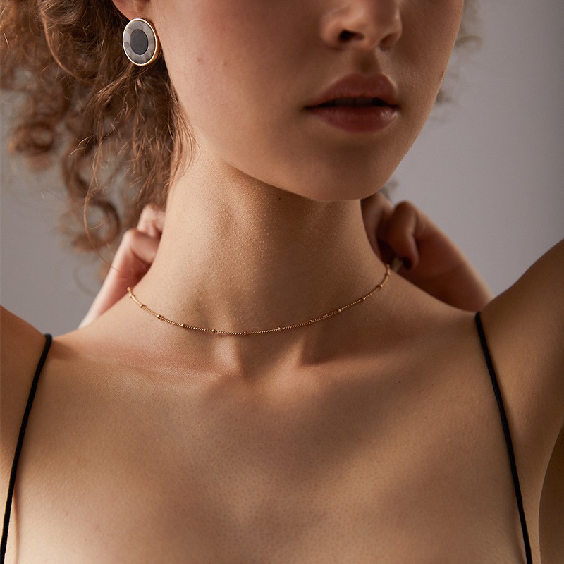 Sparkling Trendy Gold Thin Choker Bead Chain Necklace