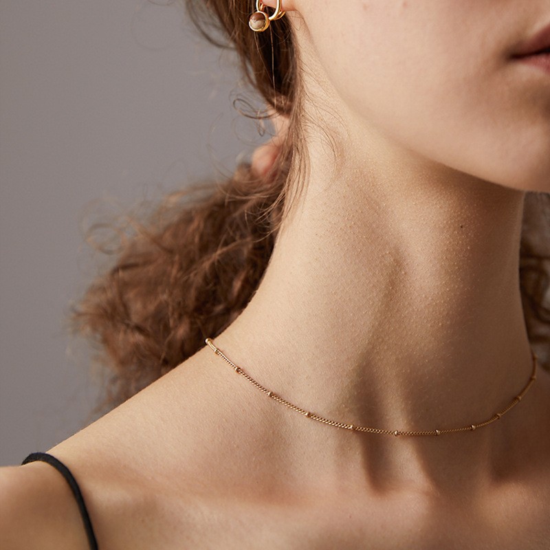 Sparkling Trendy Gold Thin Choker Bead Chain Necklace