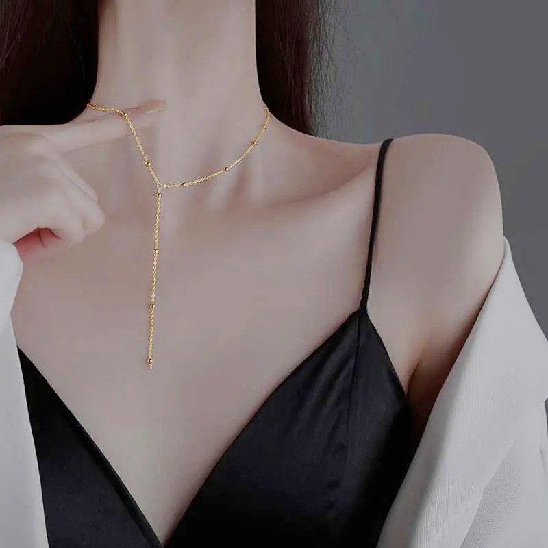 LATS Gold Color Double-Layered Long Tassel Chain Necklace
