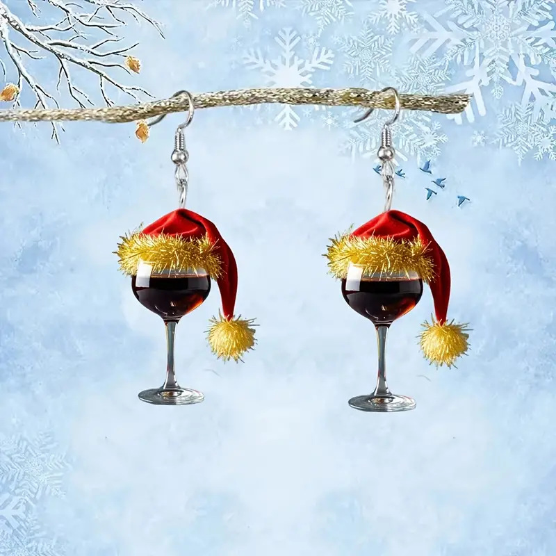Christmas earrings NZ, holiday acrylic earrings New Zealand, Christmas hat earrings NZ, wine glass earrings NZ, festive earrings for women NZ, lightweight holiday earrings NZ, fun Christmas jewelry NZ, Christmas party accessories NZ, unique holiday gifts