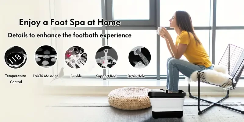 Collapsible Foot Spa Electric Rotary Massage, Foot Bath With Heat, Bubble And Motorized Shiatsu Massage Balls