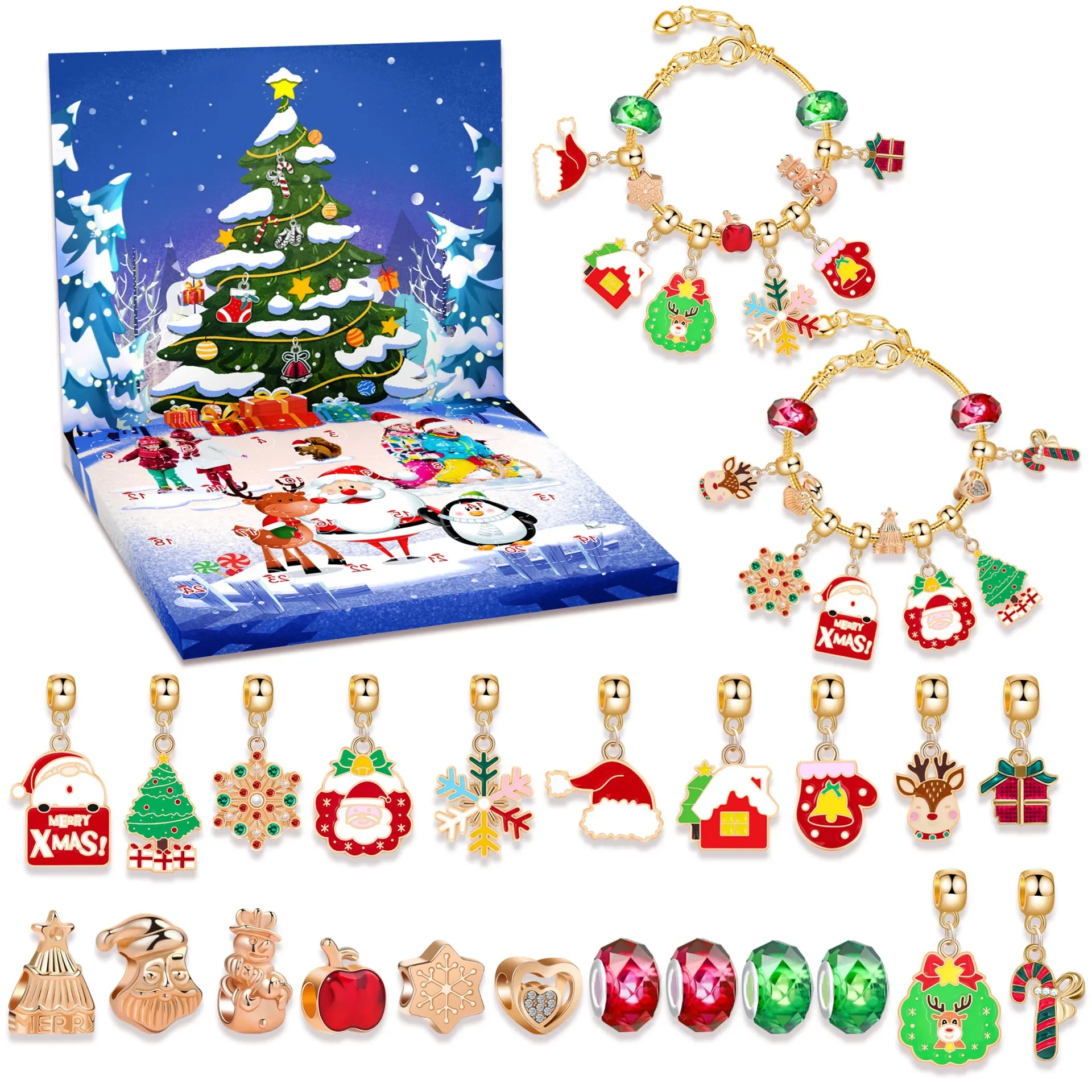 Gold Christmas Countdown Calendar Gift Suit Diy Beaded Bracelet Advent Christmas Tree Bracelet Gift