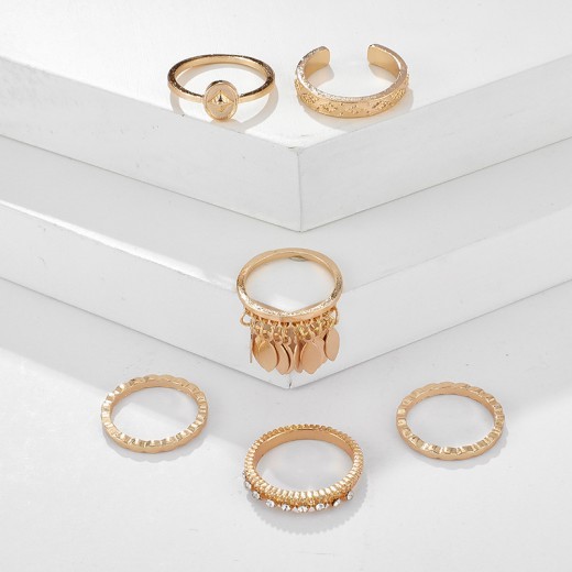 6-piece Ring Geometric Leaf Tassel Ring