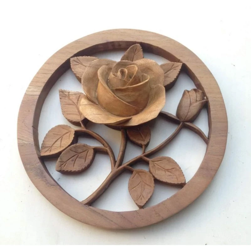 Wooden wall decoration, round wooden wall decoration, wood carving, rose flower.