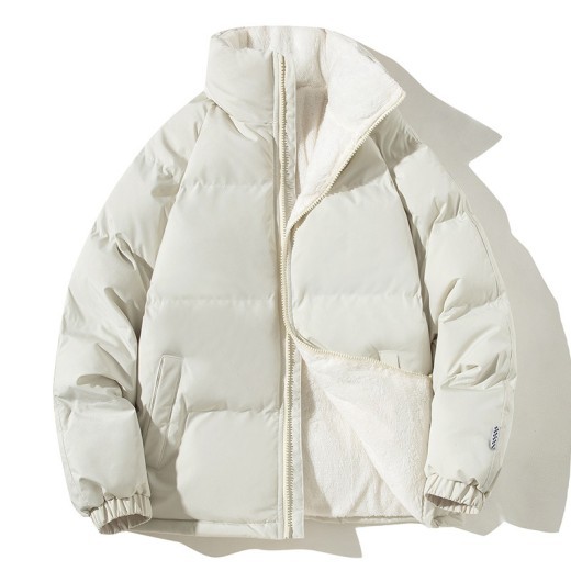 winter coat for couples, stand-up collar jacket, plush thickened winter jacket, winter warm coat for men and women, casual winter jacket, loose fit winter outwear, fashionable winter clothing, winter jacket with pockets, couples outerwear, winter fashion