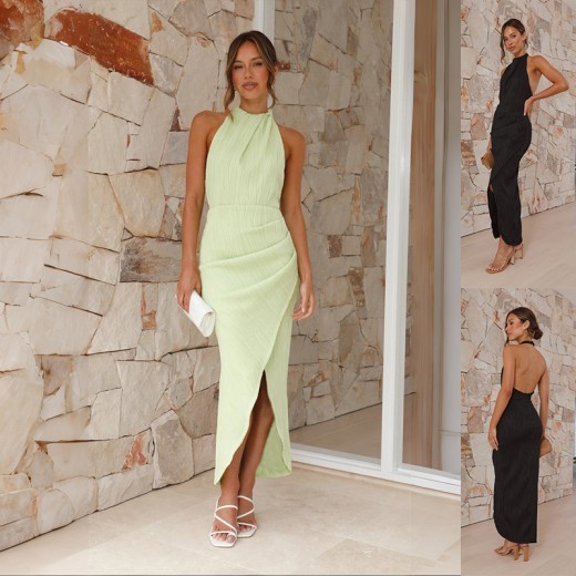Shop the Halter Split Long Dress for women a stylish slim fit backless dress perfect for summer. Featuring a halter neck, side slit, and high-end fabric, this dress is ideal for holiday events, parties, and special occasions.