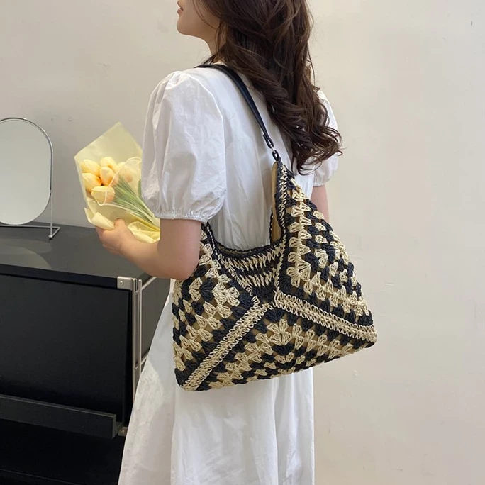 One Shoulder Sling Bag, Seaside Vacation Bag, Cotton Rope Woven Women's Bag, Hollow Handheld Beach Bag