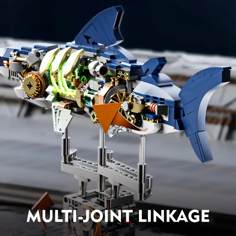 Marine Explorer 687pcs Blue Shark Model Building Kit with Illumination and Display Stand, ABS Material, Multi-Joint Linkage Mechanism, STEM Educational Toy for Sea Enthusiasts