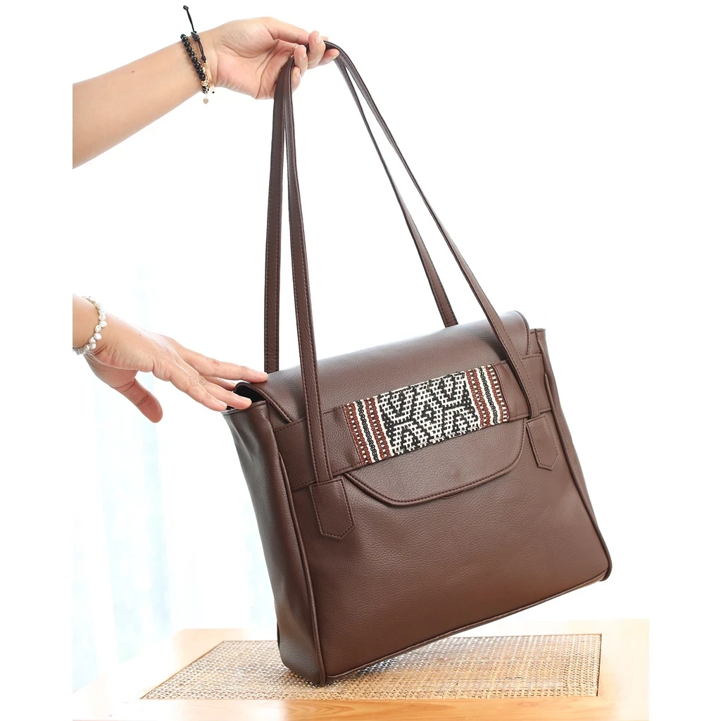 Mare Coffee Women's Work Bag with Lombok Ethnic Woven Fabric
