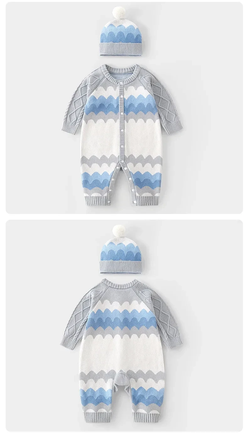 Baby Hooded Long-sleeved Knitted Cotton Jumpsuit Hat Suit