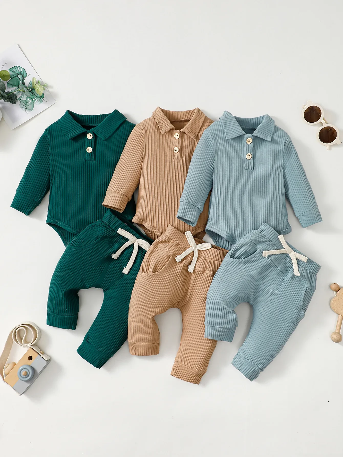Baby Boy Cotton Hollow Striped Polo Shirt Trousers Suit