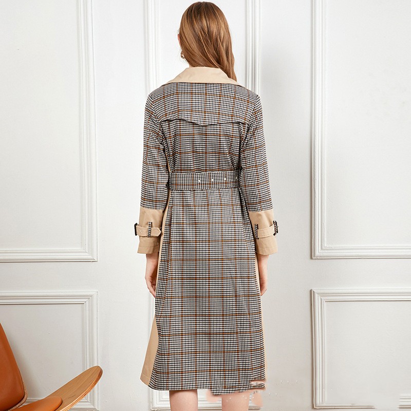 Checked Stitching Lace-up Waist Long Trench Coat