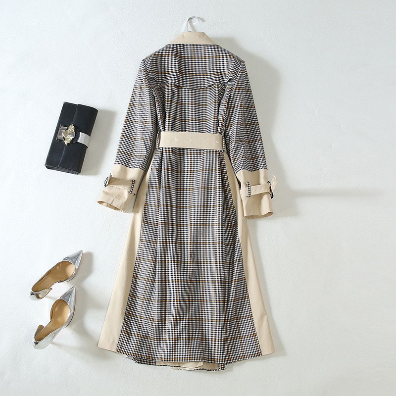 Checked Stitching Lace-up Waist Long Trench Coat