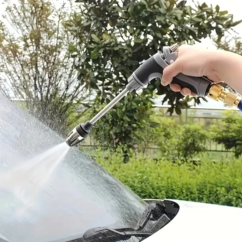1pc Portable High-Pressure Car Washing Water Gun, 3/4 Inch And 1/2 Inch Quick Connection Adapter, Multi-Function Garden Hose Nozzle, Adjustable Thickening Rod Spray, Suitable for Car Cleaning And Pet Cleaning