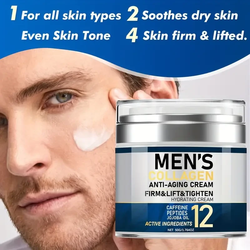 Men's Collagen Anti-Aging Face Cream 1.764oz - Unscented Firming & Tightening Moisturizer with Hyaluronic Acid, Jojoba, Shea Butter, Caffeine, Vitamin E - Hydrates Dry Skin, Lifts & Smoothens - Suitable for All Skin Types, Day & Night Facial Cream