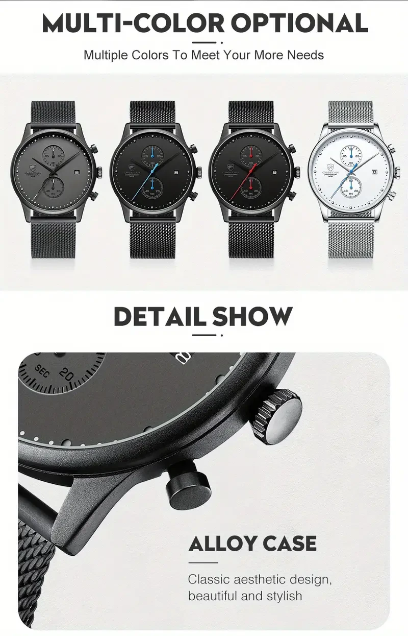 New CHEETAH Brand Fashion Casual Men Watches Chronograph Quartz Stainless Steel Mesh Waterproof Sports Clock with Auto Date