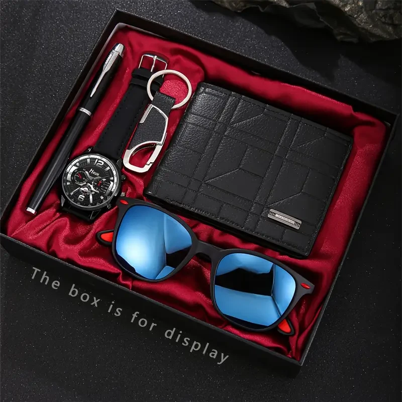 Elegant 5pcs Men's Fashion Gift Set: Luxury Business Watch, Fashion Glasses, Wallet, Pen & Keychain - Perfect for Daily Wear & Special Occasions