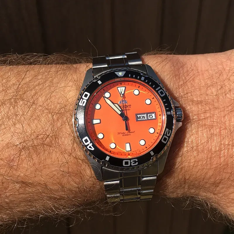 ORIENT Double Lion Men's Automatic Mechanical Watch - Luminous, Stainless Steel Band, Dazzling Orange Dial, Business Style