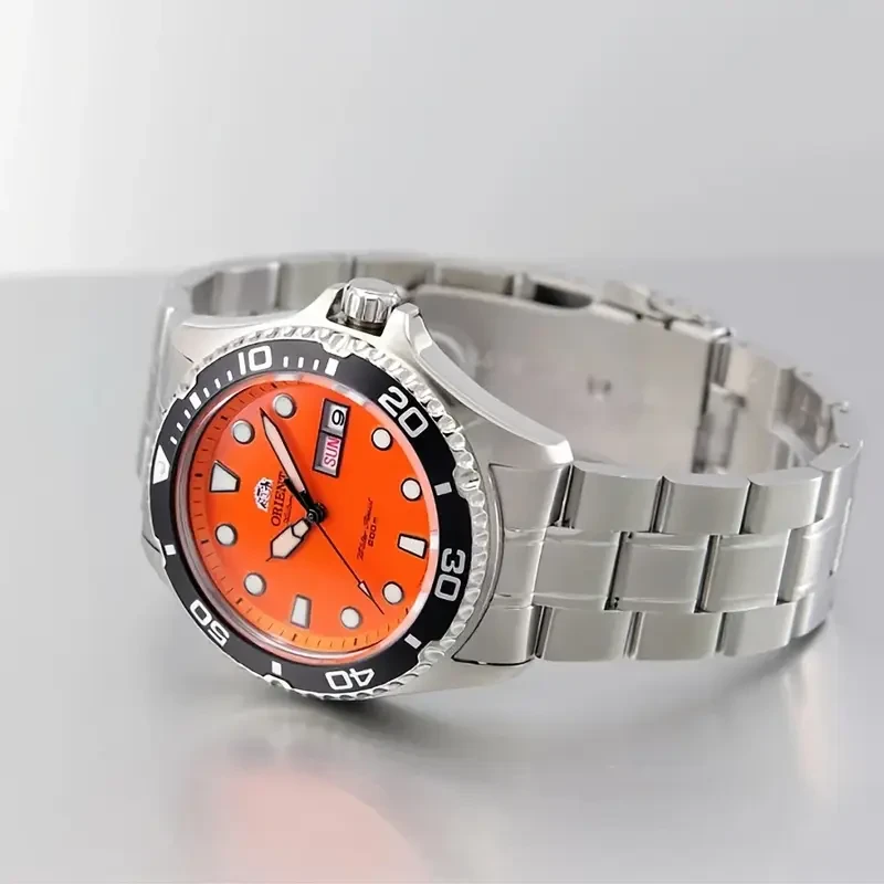 ORIENT Double Lion Men's Automatic Mechanical Watch - Luminous, Stainless Steel Band, Dazzling Orange Dial, Business Style