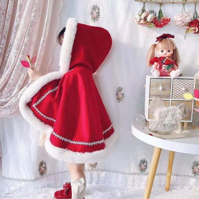 Thickened Kids' Overcoat Fleece-lined Shawl Fur Collar Christmas Cape
