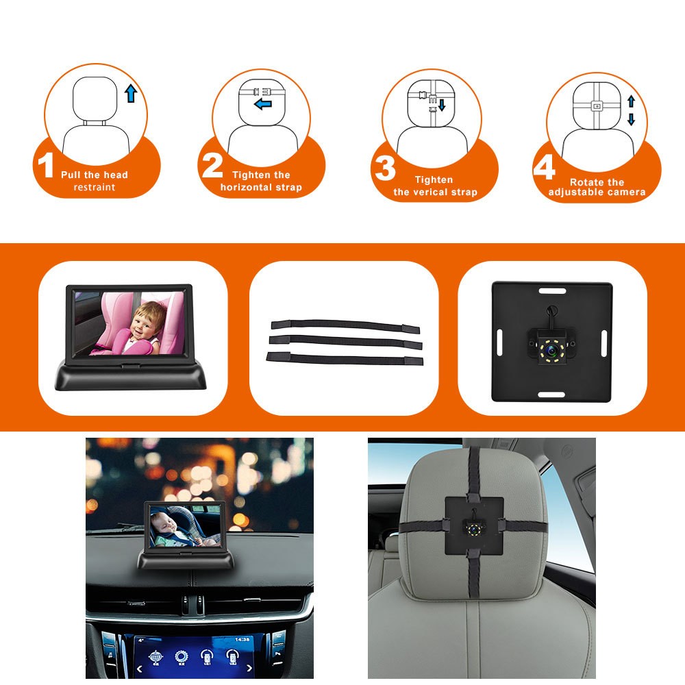 12-24V Folding Screen For Baby Monitoring Images In Car With Cigarette Lighter Power Cord Night Vision Eight-lamp Camera