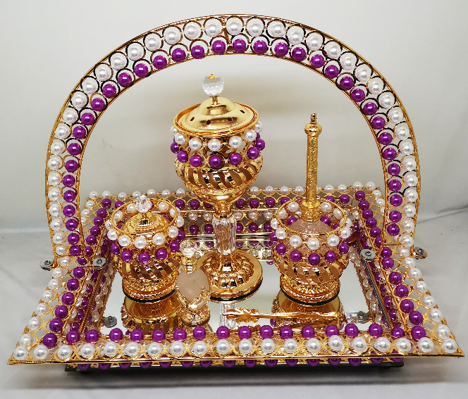 Gold Design Vanity Set: Candle Holder, Jewelry Box, Perfume Bottle, and Mirror Tray